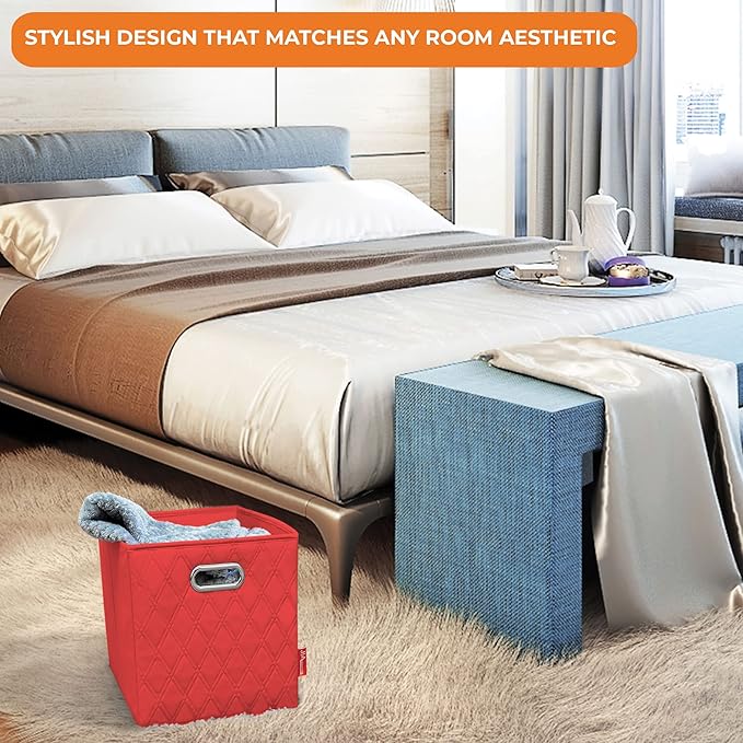 FH Group JIAessentials 12" Faux Leather Foldable Storage Cube Bins Set of 2 – Red Diamond Patterned Organizers with Handles for Closet & Shelves