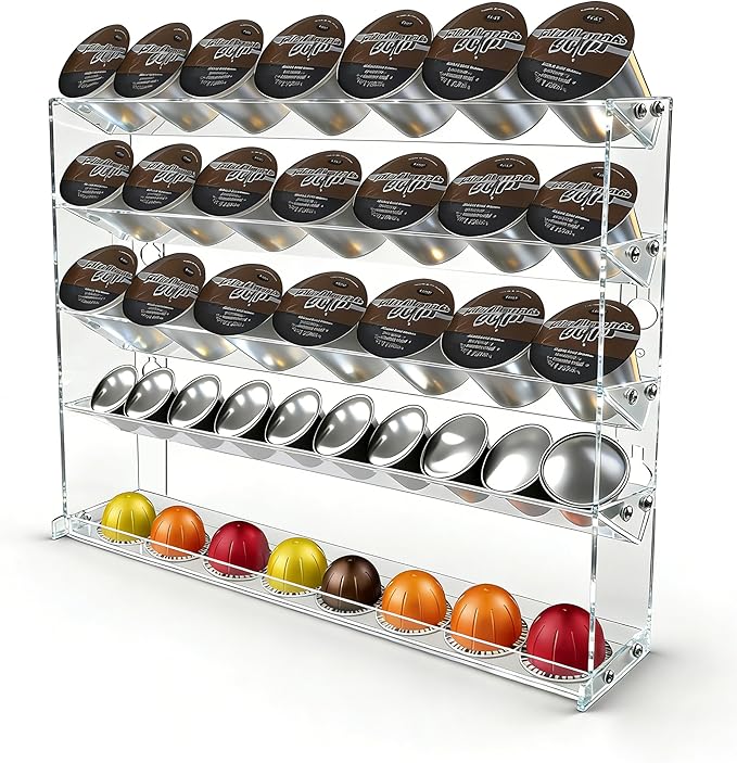 5 Tier Coffee Pod Holder for Nespresso Vertuo, Wall Mount K Cup Holder for Small Space, Clear Acrylic Coffee Pod Organizer Compatible with Most Standard Pods (30-50 Pod Storage)