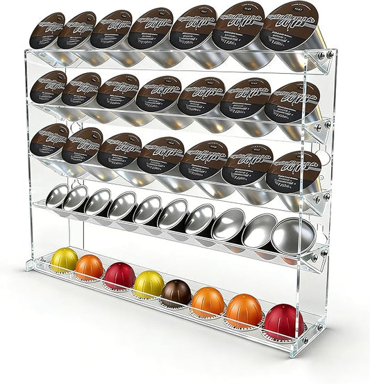 5 Tier Coffee Pod Holder for Nespresso Vertuo, Wall Mount K Cup Holder for Small Space, Clear Acrylic Coffee Pod Organizer Compatible with Most Standard Pods (30-50 Pod Storage)