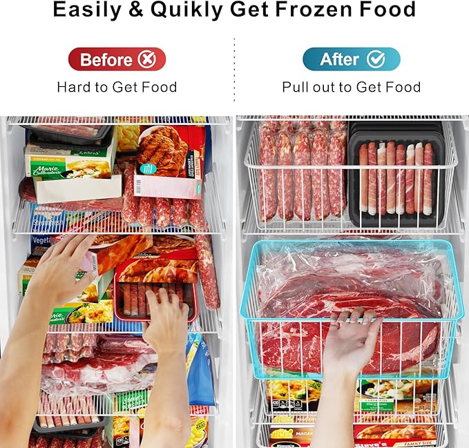 iSPECLE Upright Freezer Organizer Bins - 5 Pack Small Freezer Baskets for 5 / 6 / 6.5 / 6.8 / 7 cu.ft Upright Freezer Easy Get, Food No More Slide off, Allow Air Circulation for Quick Freezing, White