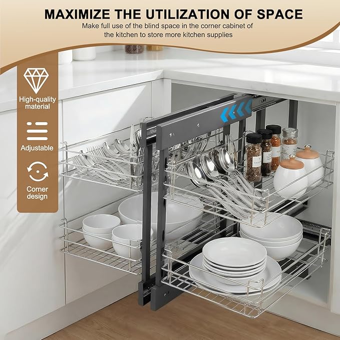 2 Tier Blind Corner Cabinet Pull Out Organizer Shelves L 24.8in H 18.5in W 13in Left Open & Right Open Compatible Kitchen Corner Cabinet Organizer 4 Shelves for Kitchen Or Bathroom