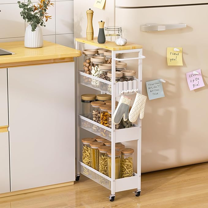 Slim Storage Cart on Wheels, 4 Tier Metal Narrow Rolling Cart with Handle and Wood Top, Multifunctional Small Mobile Shelf Unit Organizer Trolley for Laundry, Bathroom, Kitchen