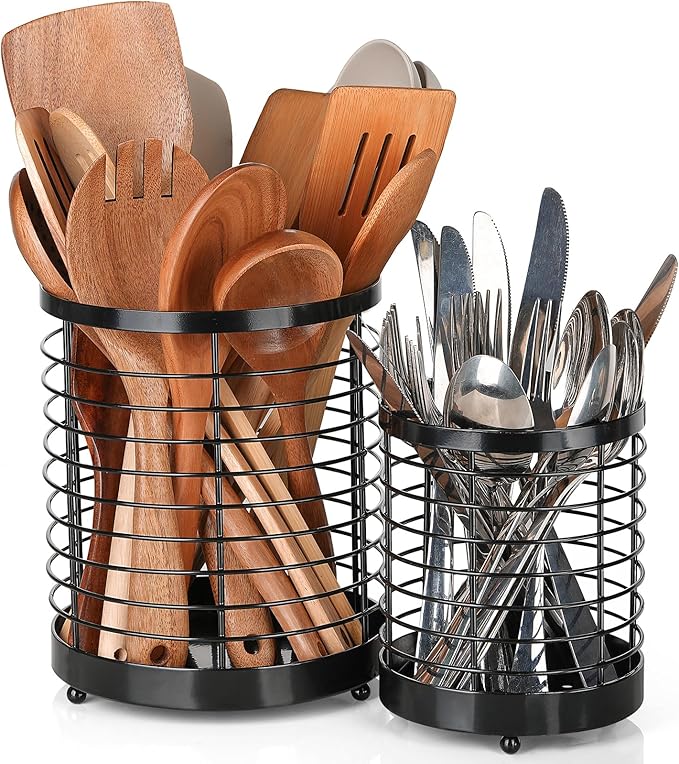 Utensil Holder, 7.7"+6" Stainless Steel Utensil Holder for Kitchen Counter, Cooking Tools Spatula, Silverware Forks, Knives, Spoons Utensil Crocks Organizer Drying Rack, Set of 2