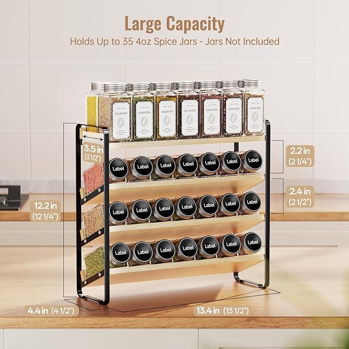 MUDEELA 4 Tier Spice Rack Organizer for Cabinet, Wooden Vertical Spice Shelf, Seasoning Organizer for Countertop, Kitchen, Pantry, Freestanding, 13.4" W × 11.2" H (No Jars Included), Black