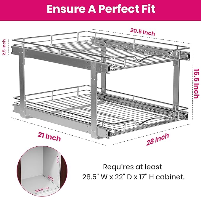 HOLDN’ STORAGE Two Tier Pull Out Cabinet Organizer, Individual Sliding Drawers - Heavy Duty Metal with Lifetime Limited Warranty - Anti Rust Chrome Finish - 28" W x 21”D x 16.5" H
