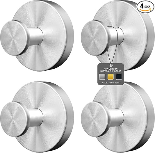 Shower Suction Cup Hooks, Heavy Duty Bathroom Wall Hooks for Towels, Robes, Loofahs, Removable Metal Hook for Tile Glass Mirror, No Drill(4 Pack, Silver)