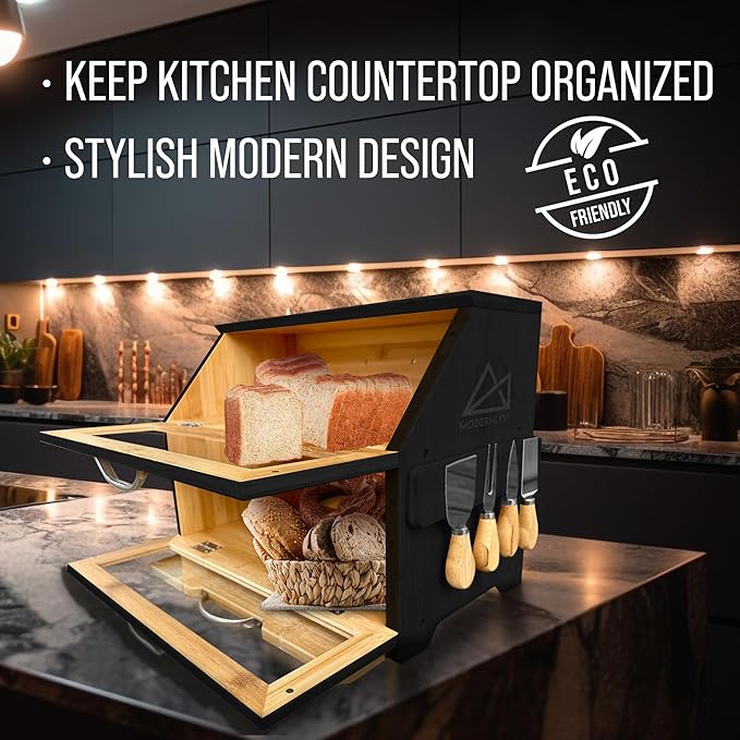 Extra Large Bread Box with Cutting Board & Knife Set | 7 Piece Set | Bamboo Breadbox | Bread Boxes for Kitchen Countertop | Bread Storage Container| Assembly Required (New Black)