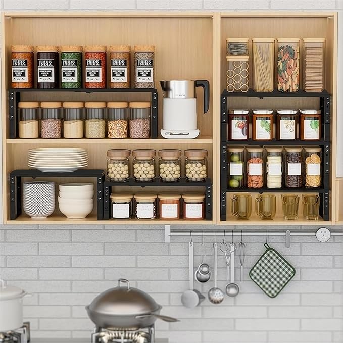 Expandable Spice Rack Organizion for Kitchen Cabinet, Seasoning,Bathroom Organizer Display Shelf, Stackable Multi-Purpose Shelves.Easy-to-Install（2Packs/Black,Medium