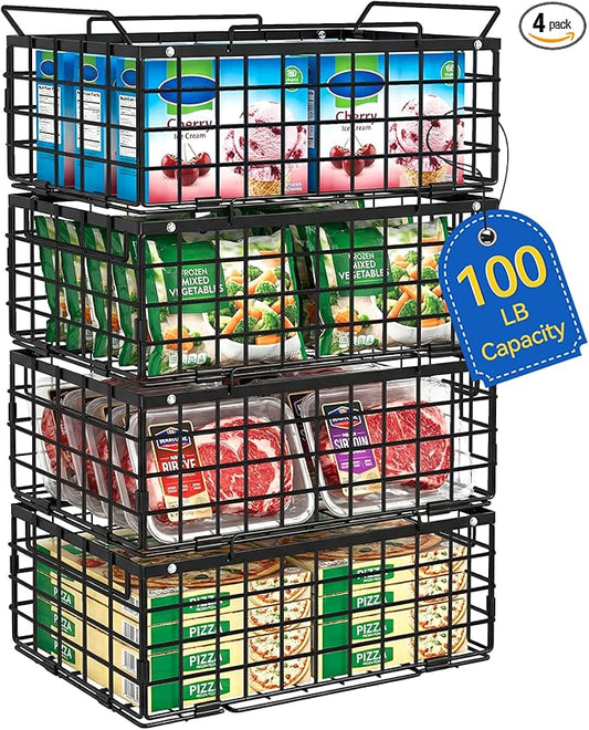 Reinforced Freezer Organizer Bins, 4 Pack Large Stackable Vertical Chest Deep Freezer Storage Containers, Thickened Black Wire Foldable Baskets with Handles