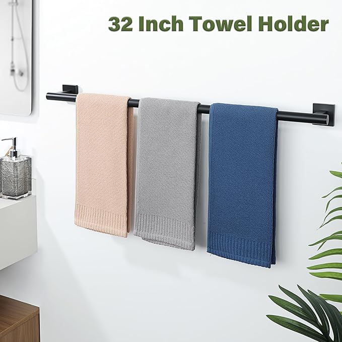 Alise Bath Towel Bars 32 Inch,Towel Hanger Towel Racks for Bathroom Lavatory,SUS304 Stainless Steel Towel Holder Wall Mount Single Towel Rail,Matte Black