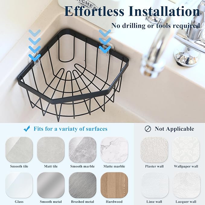 Sea Team Adhesive Corner Caddy, Sink Organizer, Soap, Drain Plug, Sponge Holder, Multifunctional Rustproof Carbon Steel Storage Basket, Wall Mounted Shelf Rack for Kitchen, Bathroom, Black