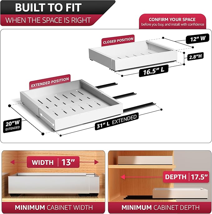 Sorbus Pull-Out Sliding Storage Rack for Kitchen & Bathroom, No-Drill Adjustable Shelf with Durable Metal, Non-Slip Grid Drawers, Waterproof Space Saver (White 2 Pack)