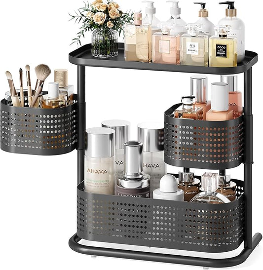 3 Tier Bathroom Counter Organizer, Rotating Countertop Vanity Storage Cabinet with Standing Shelf, Cosmetic Holder for Skincare & Makeup, Kitchen Spice Rack, Bedroom Nightstand Organizer, Black
