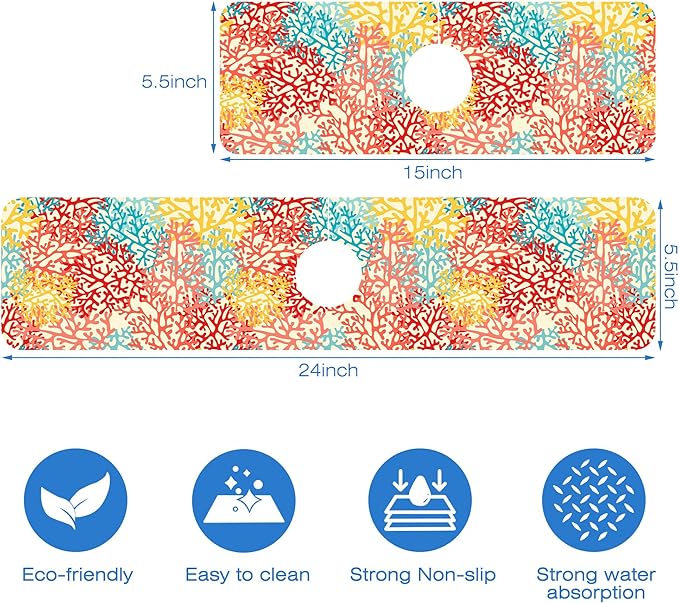 Colorful Sea Corals Dish Drying Mat for Kitchen Sink Splash Guard Behind Faucet Sink Mat Absorbent Fast Drying Faucet Draining Mat for Bathroom Kitchen 5.5"×15"