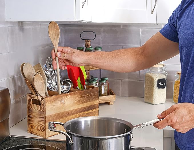 Wood Utensil Holder Organizer for Counter - Large Wooden Utensil Caddy for Countertop - 3 Compartment Cooking Tool Storage for Spatula - Farmhouse Kitchen Decor and Accessories