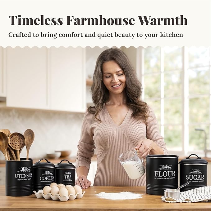 Kitchen Canisters for Countertop – 5-Piece Airtight Canister Sets for the Kitchen Counter with Utensil Holder – Flour Sugar Coffee Tea Containers – Matte Black Finish