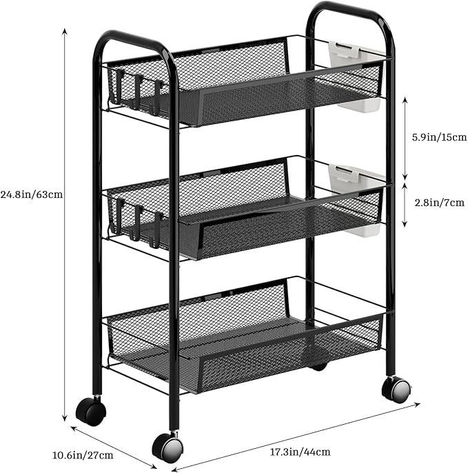 5-Tier Slim Rolling Cart with Wheels, Stackable Narrow Storage Trolley, Mesh Basket Kitchen Utility Cart, Fruit Vegetable Organiser for Pantry, Laundry, Bathroom, Easy Assembly Black 3-Layers