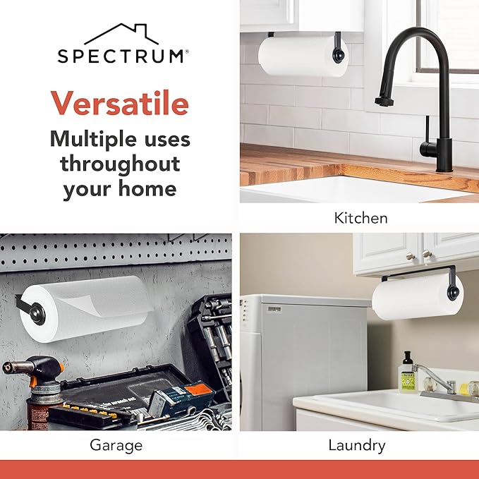 Spectrum Paper Towel Holder for Under Cabinet Easy Install Wall Mounted Plastic Hanging Paper Roll Rack for Kitchen Bathroom Storage, Durable Mount Towel Dispenser for Standard & Jumbo Rolls, Black