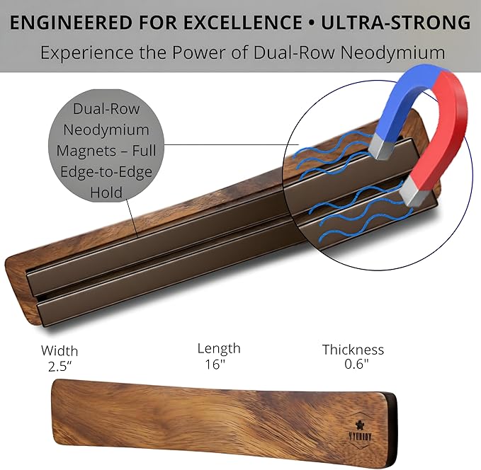 4 YORVOY Magnetic Knife Holder for Wall-16 inches long Kitchen Organizer- No Drilling Knife Magnetic Strip- Compact Utensil Holder- Acacia Wood Knife Rack- Strong Knife Magnet- Easy Installation