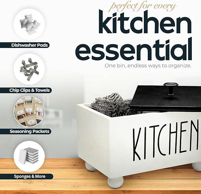 Solid Wood Farmhouse Kitchen Storage Bin with Lid – Rectangular Organizer Box for Countertop or Pantry – Stylish Kitchen Decor & Accessories
