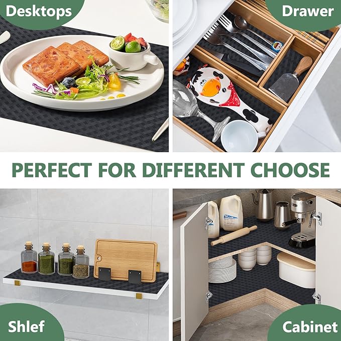 Origuuds Shelf Liners, Non-Adhesive Drawer Liner, Waterproof & Oil-Proof Kitchen Cabinet Cupboard Liner Plastic EVA Material BPA Free Fridge Liner Mats Paper Protector for Shelves (Black/16in x 240in)