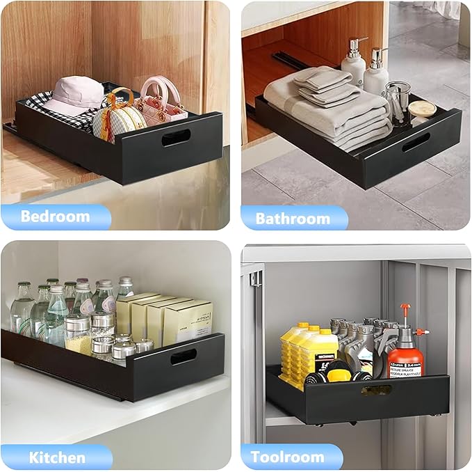21'' Deep Pull Out Drawers for Cabinets, 10" W x 21'' D x 3.1" H Sturdy Carbon Steel Cabinet Drawers Slide Out, Pantry Storage Shelves with Nano Adhesive for Kitchen, Bathroom and Living Room