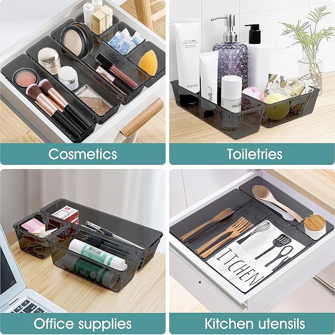 WOWBOX 6 PCS Clear Plastic Drawer Organizer Set, Desk Drawer Divider Organizers and Storage Bins for Makeup, Jewelry, Gadgets for Kitchen, Bedroom, Bathroom, Office, Black