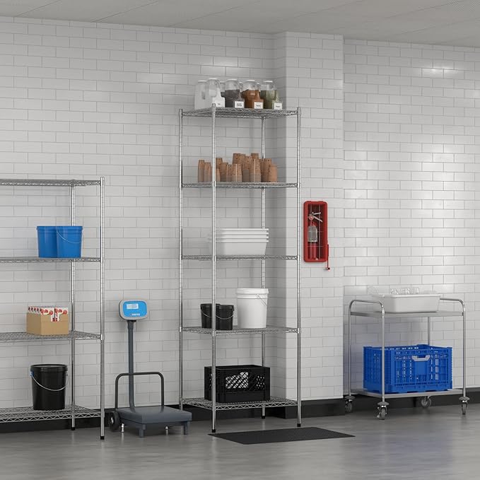 Commercial NSF Listed Chrome Stationary Wire Shelving Kit 24" x 30" x 96", with 5 Shelves Perfect for Warehouse, Walk-in Refrigerator, Freezer, Grocery Store, Restaurant, Dishroom