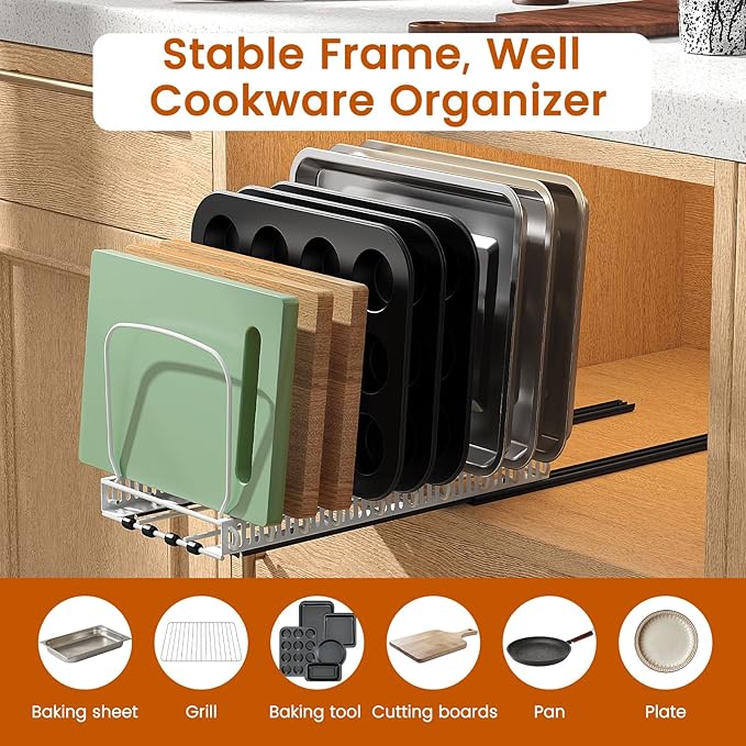 Housolution 2 Pack Baking Tray and Cookie Sheet Organizer, Cutting Board Organizer with 2 Using Methods, Bakeware Muffin Tin Storage Rack with 10 Adjustable Dividers for Cabinet, White