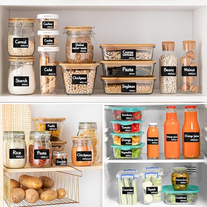 Segarty Chalkboard Labels, 170 Pcs Square Blank Labels with 1 White Chalk Marker for Spice Jars, Waterproof Revmovable Black Stickers for Food Containers, Seasoning Bottles, Kitchen Storage Bin