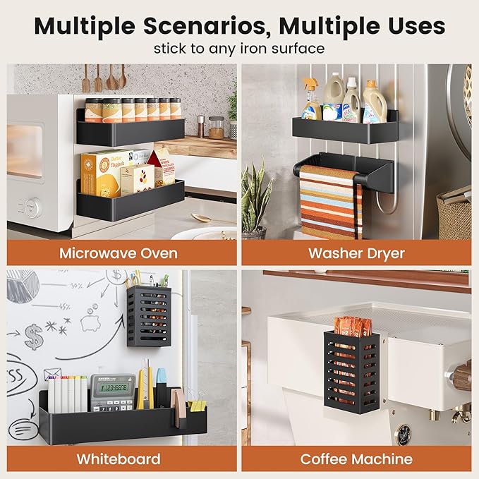 Mystozer Magnetic Spice Rack for Refrigerator,4 Pack Magnetic Shelf,Fridge Magnet Organizer with Paper Towel Holder and Utensils Racks,Fridge Organizers and Storage Black(4 Pack)