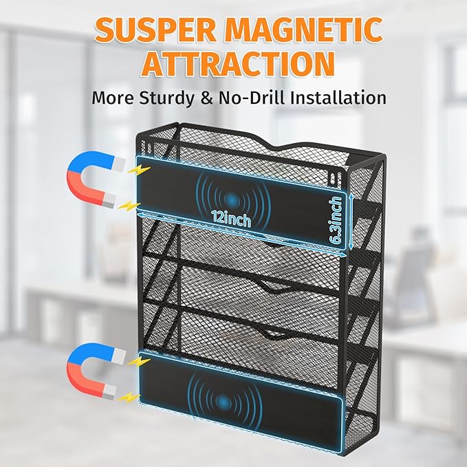 Mogbhw 6-Tier Magnetic File Holder, No Drilling Magnetic File Organizer Folder Holder, Black Hanging Magnetic Paper Holder for Refrigerator, Whiteboard, File Cabinets, Office, Kitchen (Black, 6-Tier)