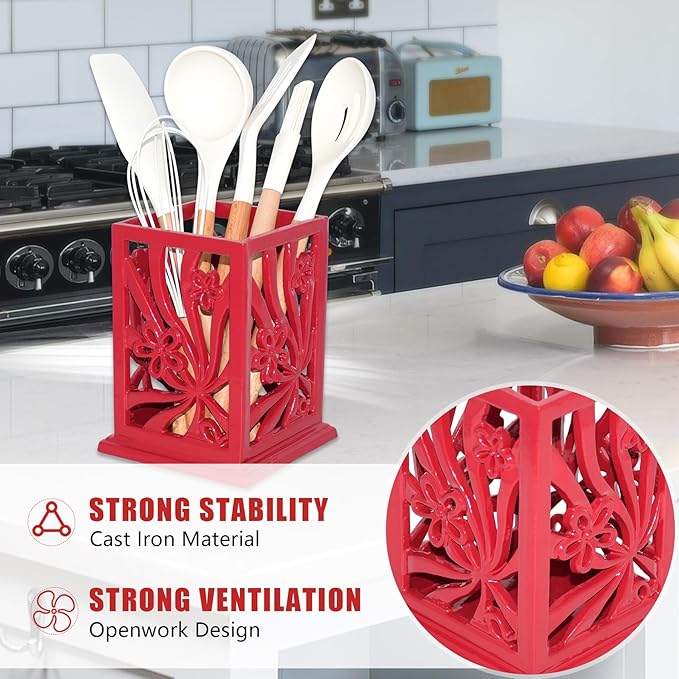 Utensil Holder, Cast Iron Kitchen Utensil Crock for Countertop, Extra Large Utensil Organizer with Weighted-Base, Housewarming Vintage Decor, Classic Style, Red