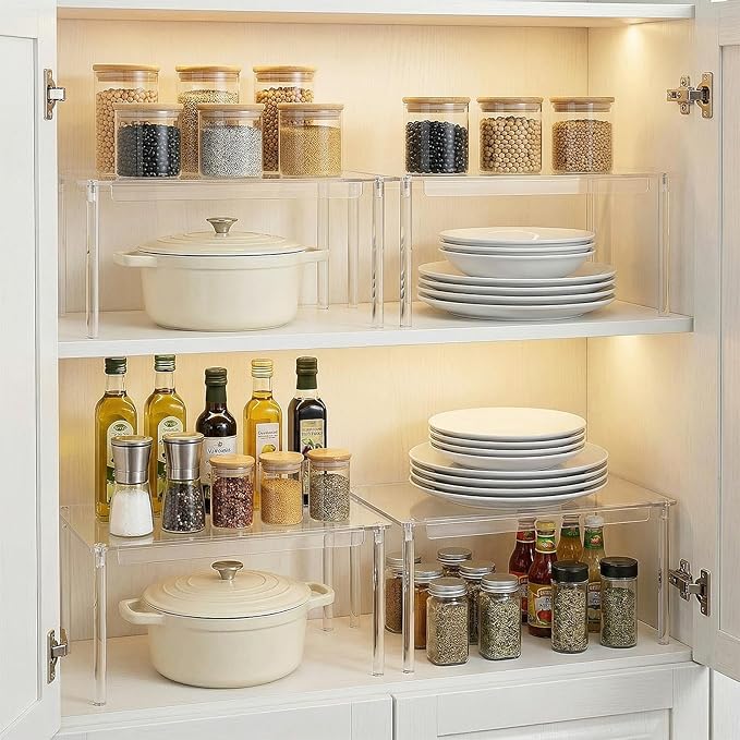 Clear Acrylic Cabinet Organizer, Set of 4 Stackable Shelf Risers, Spice Rack for Kitchen Pantry Storage, Countertop and Desk Organizer, House Essential Gift