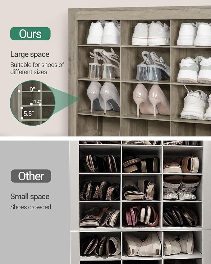 Shoe Storage Cabinet, 36 Pairs Free Standing Closet Organizer, 8.8 inch Widened Cell Wood Shoe Organizer, 12 Tiers Vertical Space Saving Shoe Rack for Entryway, Cloakroom, Greige SR20705B
