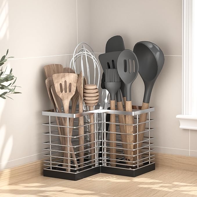 Suli Kitchen Utensil Holder with 3 Compartments，Stainless Steel Corner Caddy for Countertop, Farmhouse Cooking Rustic Storage, Silvery