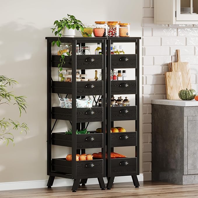 Tribesigns Wood Fruit and Vegetable Storage Rack Set of 2, 5-Tier Narrow Snack Stand Kitchen Stand Fruit Basket, Pull-Out Utility Organizer for Kitchen, Living Room, Black