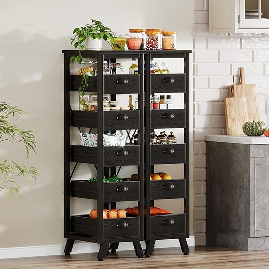 Tribesigns Wood Fruit and Vegetable Storage Rack Set of 2, 5-Tier Narrow Snack Stand Kitchen Stand Fruit Basket, Pull-Out Utility Organizer for Kitchen, Living Room, Black