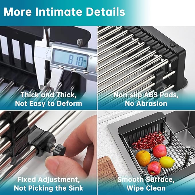 Over The Sink Dish Drying Rack Black, Stainless Steel Drainer Drying Basket for Kitchen Sink Retractable Sink Dish Drying Rack Expandable Organizer for Dishes, Vegetables, and Fruit