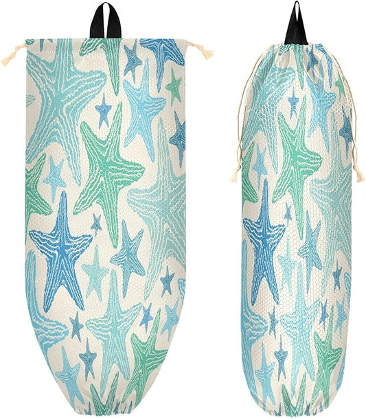 Pattern Of Starfish Plastic Bag Holder Kitchen Storage Accessories Grocery Bag Storage Durable Plastic Bag Organizer with Hanging Loop 2 Pack
