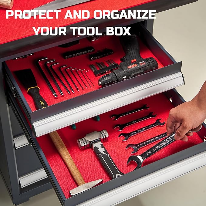 ONREVA Tool Box Liner 16 inch Wide x 18 Ft Large, Toolbox Drawer Liners, Heavy Duty Shelf Rubber Mat, Non Slip Pad Organizer for Rolling Tool Chest Drawers, Cabinet, Workbench, Red