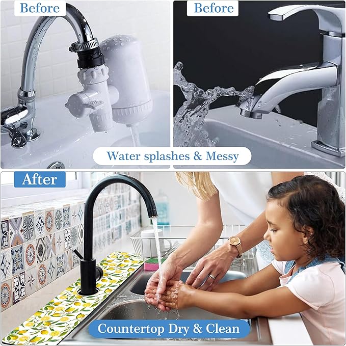 Lemon Fruit Faucet Mat Splash Guard Flower Leave Lemon, Soft Diatom Mud Material, Strong Water Absorption, Non-slip,Easy to Clean for Bathroom, Kitchen 23.5"X5.5"