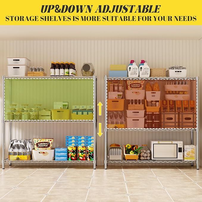 MODCART Storage Shelves, 3 PCS 48" L x 20" W x 47" H Heavy Duty Garage Wire Shelving Unit Loads 1200LBS, 3-Tier Adjustable Metal Industrial Utility Shelf Rack for Kitchen, Laundry Room, Basement