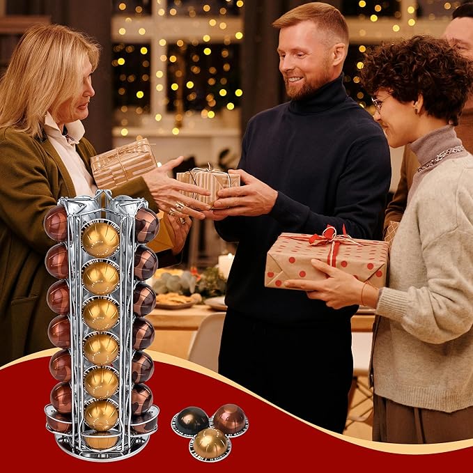35 Coffee Pods Holder - Silver - 360° Spinning Coffee Pod Carousel Stand | Holds 35 Capsules | Compact Countertop Organizer with Silent Rotation, Durable & Modern