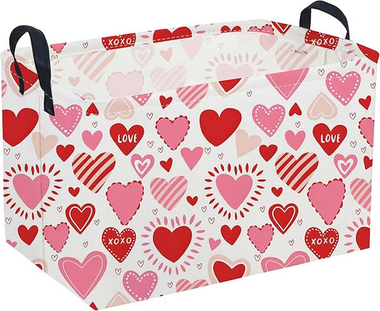 Sanjiaofeng Rectangular Valentine's Day Basket Love Storage Bins,Girls Storage Basket with Handles.Clothers,Books,Kid's Gifts Bins. (Pink Line Love)