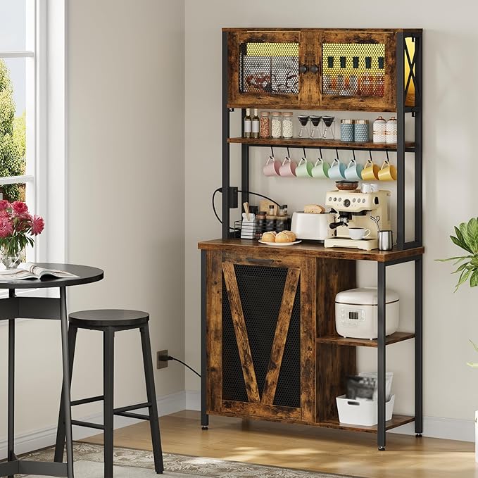 HOOBRO Bakers Rack with Trash Can Bin Cabinet, 6-Tier Microwave Stand with LED Stripe, Kitchen Storage Shelf with Outlet, Tall Coffee Bar Station for Dining Room, Rustic Brown and Black BF24UDHB01