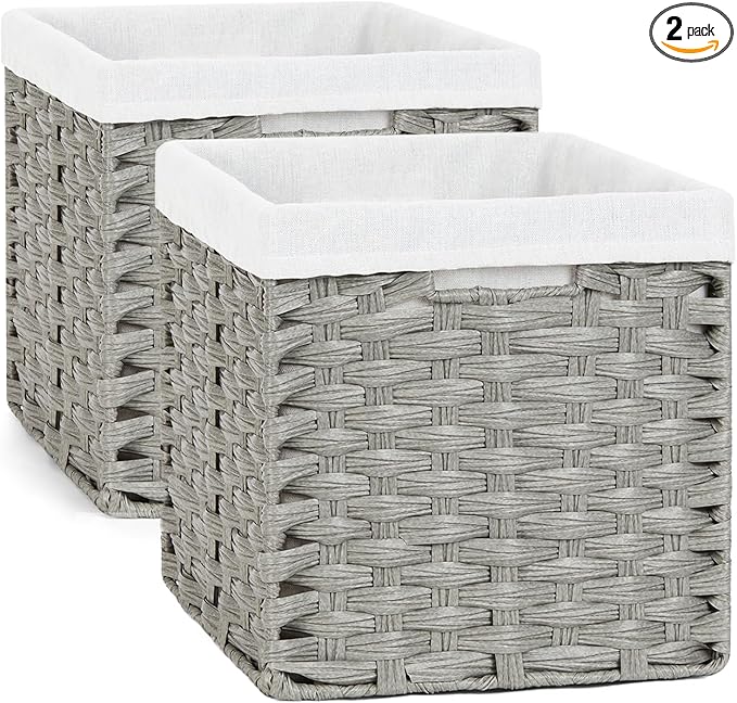 Bidtakay Wicker Cube Baskets with Liners Cube Storage Organizer for Shelves Closet 11 inch 2 Pack Decorative Hand-Woven Imitation Wicker Storage Bins for Organizing Pantry Bedroom Light Grey