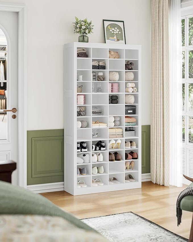 Shoe Storage Cabinet, 48 Pairs Free Standing Closet Organizer, 9 inch Widened Cell Wood Shoe Organizer, 12 Tiers Vertical Space Saving Shoe Rack for Entryway, Cloakroom, White SR39603X