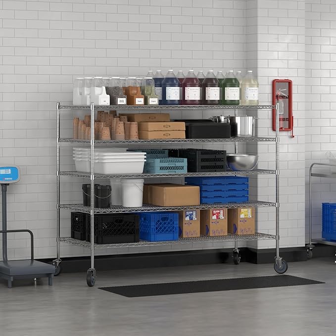 Commercial NSF Listed Chrome Mobile Wire Shelving Kit 30" x 72" x 60", with 5 Shelves Perfect for Warehouse, Walk-in Refrigerator, Freezer, Grocery Store, Restaurant, Dishroom