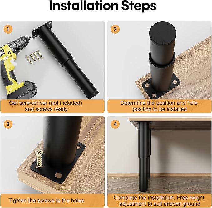Metal Adjustable Furniture Legs 5.12-9.45 inch, Sofa Legs Cabinet Legs Adjustable Height Replacement Support Legs for Bed/Couch/Dresser/Chair/Coffee Table,Legs for Furniture Set of 8-Black